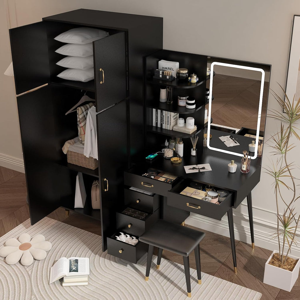 Black Makeup Vanity Table and Armoire Wardrobe Set with LED Mirror and 5 Drawers R2875