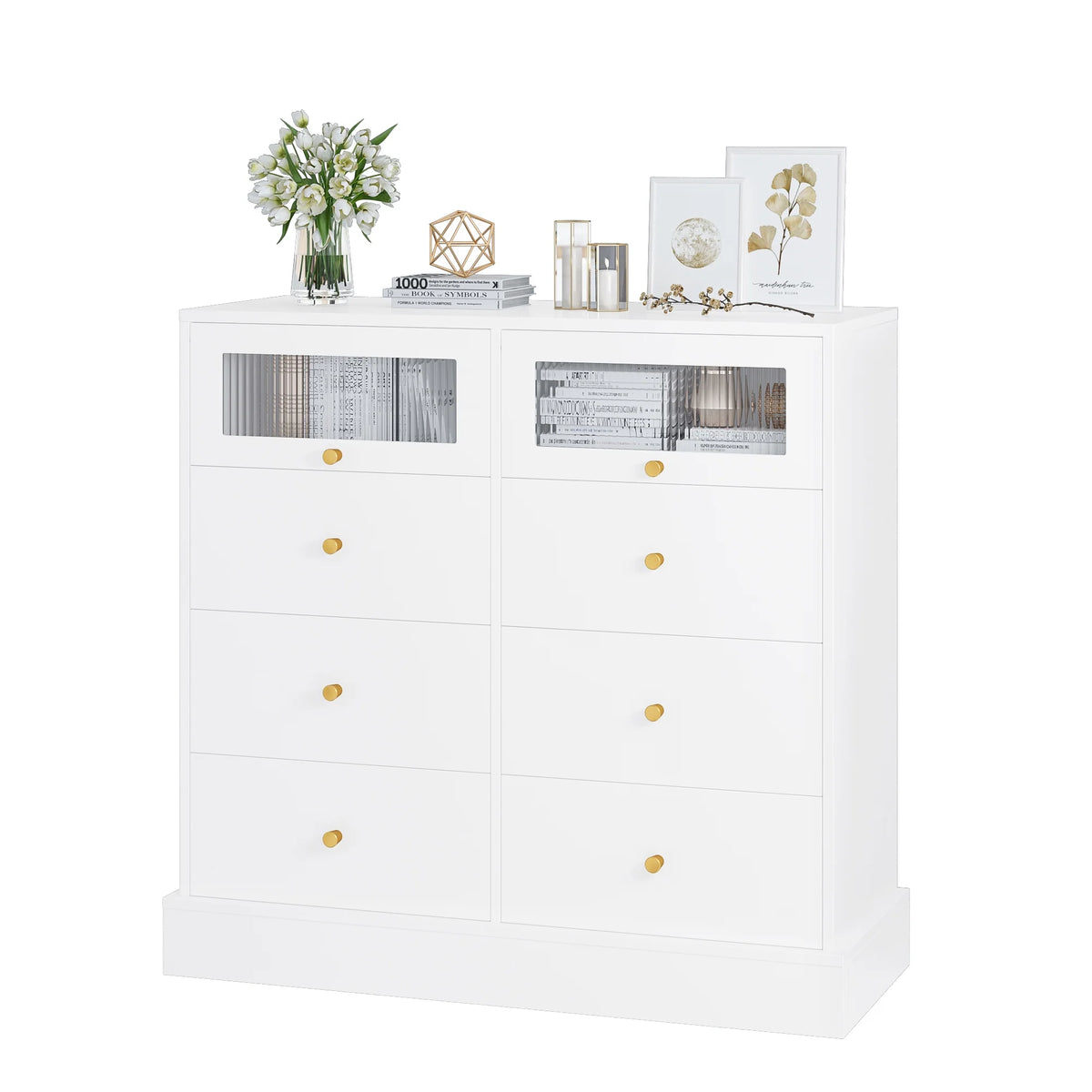 White 8 Drawer Wood Dresser with 2 Glass Doors U582