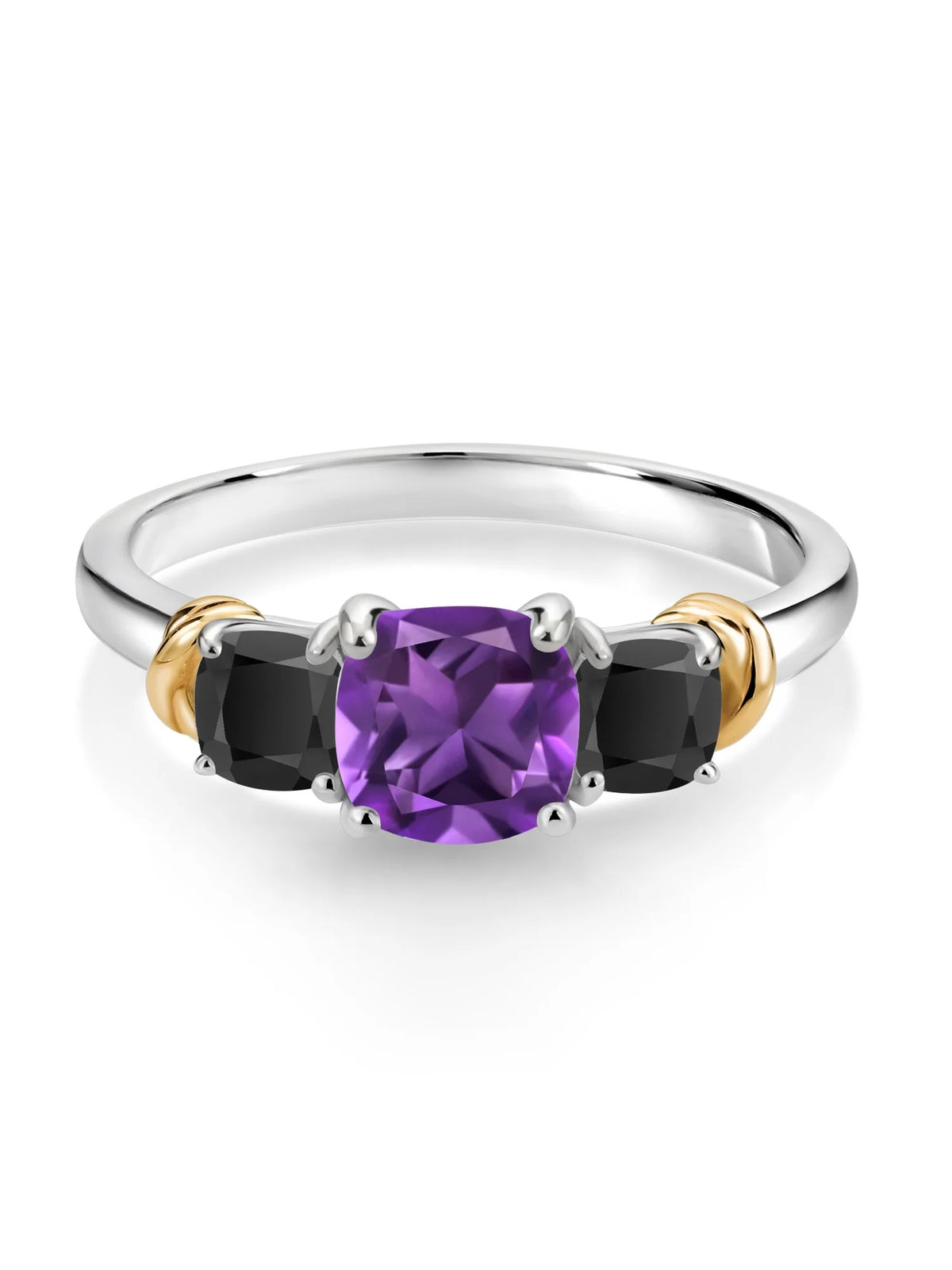 925 Sterling Silver 10K Yellow Gold Purple Amethyst Black Onyx 3 Stone Engagement Ring F612
