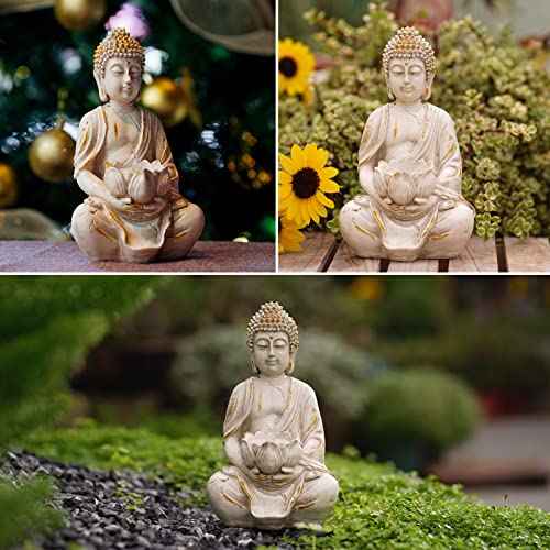 White Gold 8" Buddha Statue with LED Tea Lights Candle Holder S935