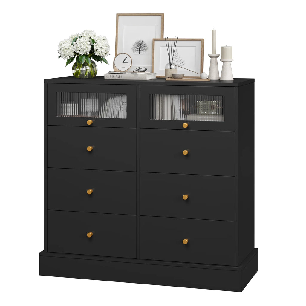 White 8 Drawer Wood Dresser with 2 Glass Doors U582