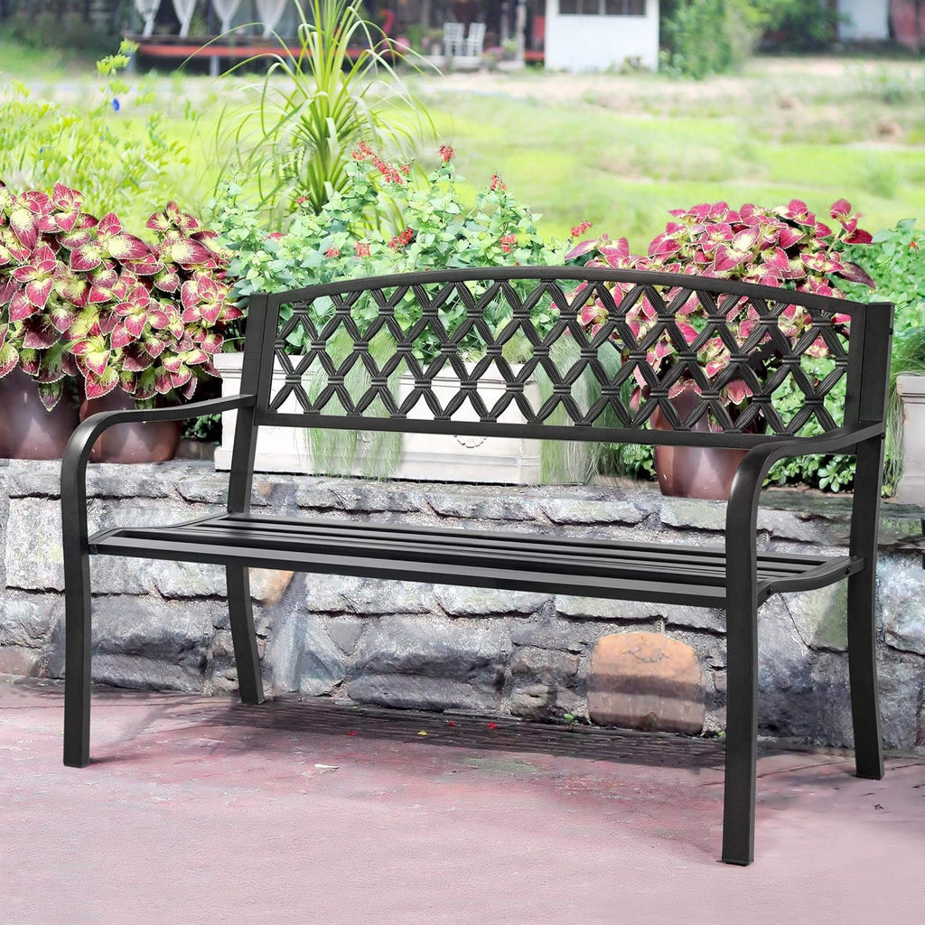 Black Cast Iron Steel Garden Bench with Armrests R967
