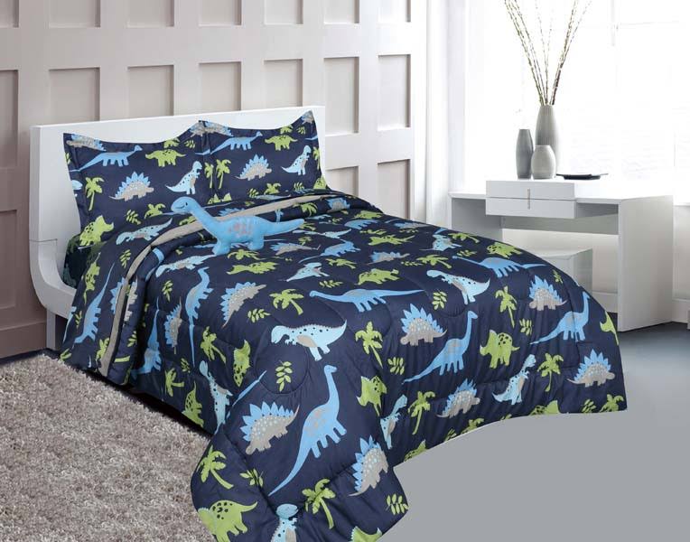 Full Size 8 Pieces Reversible Blue and Lime Green Dinosaur Microfiber Kids Comforter with Sheets P82284