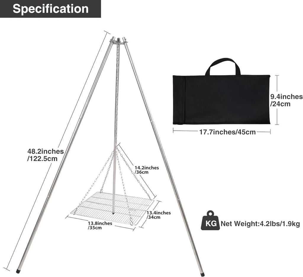 Stainless Steel Campfire Tripod Grill with Grate and Carrying Bag I104