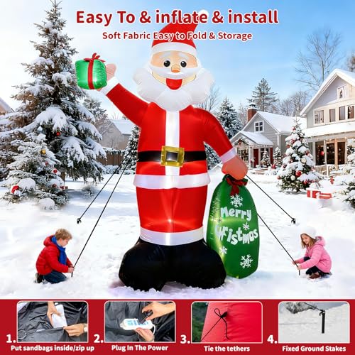 12FT Giant Christmas Inflatable Santa Claus with LED Lights and Gift Bag T6775