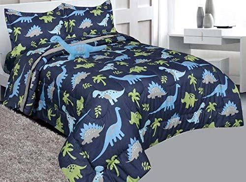 Full Size 8 Pieces Reversible Blue and Lime Green Dinosaur Microfiber Kids Comforter with Sheets P82284