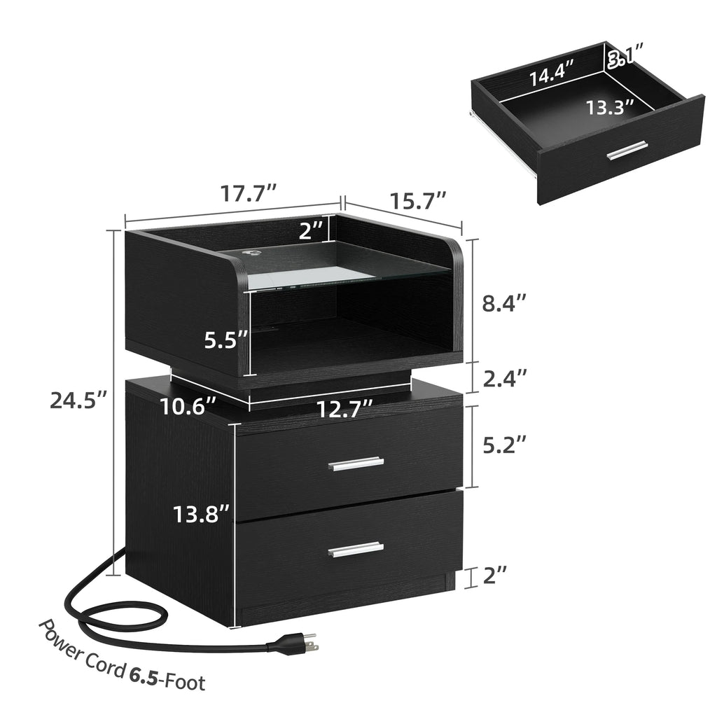 Black LED Nightstand with Charging Station B8570
