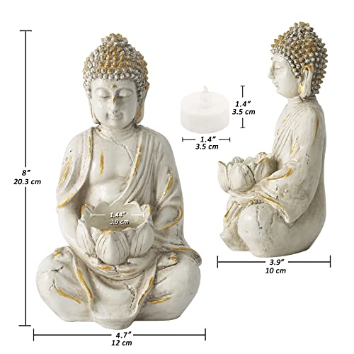 White Gold 8" Buddha Statue with LED Tea Lights Candle Holder S935