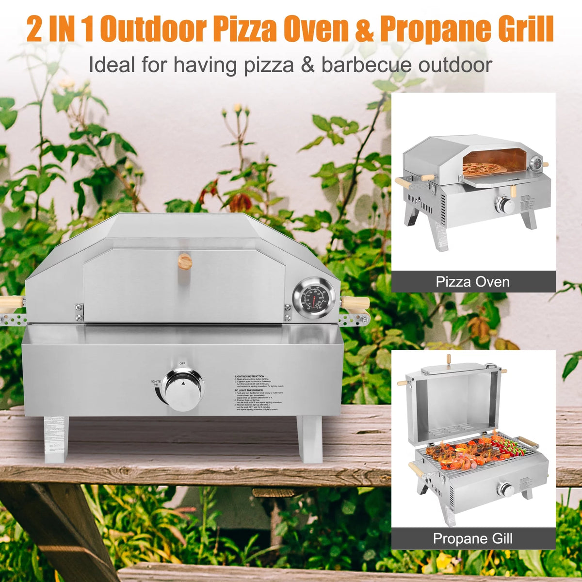 2-in-1 Portable Stainless Steel Pizza Oven and Propane Grill I5880