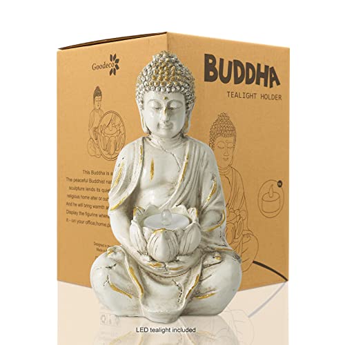 White Gold 8" Buddha Statue with LED Tea Lights Candle Holder S935