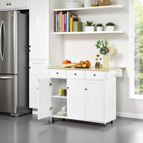 White Mobile Kitchen Island Cart with Drop Leaf W14895