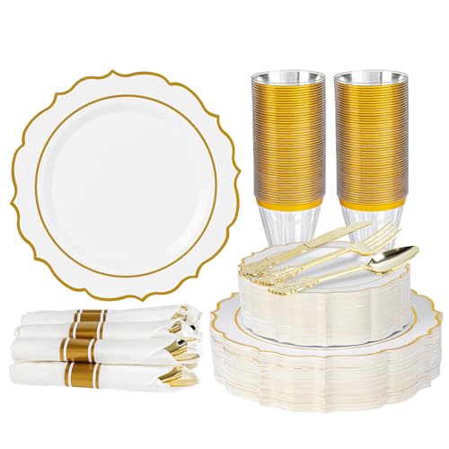 White Plastic Plates and Gold Dinnerware Set for 50 Guests L189