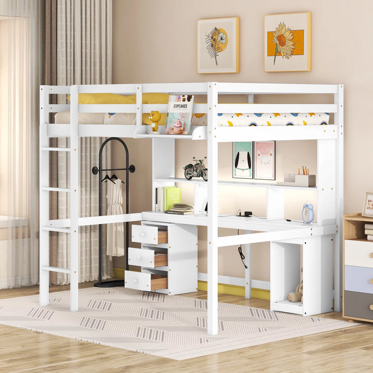 White Full Size Loft Bed with Desk B226