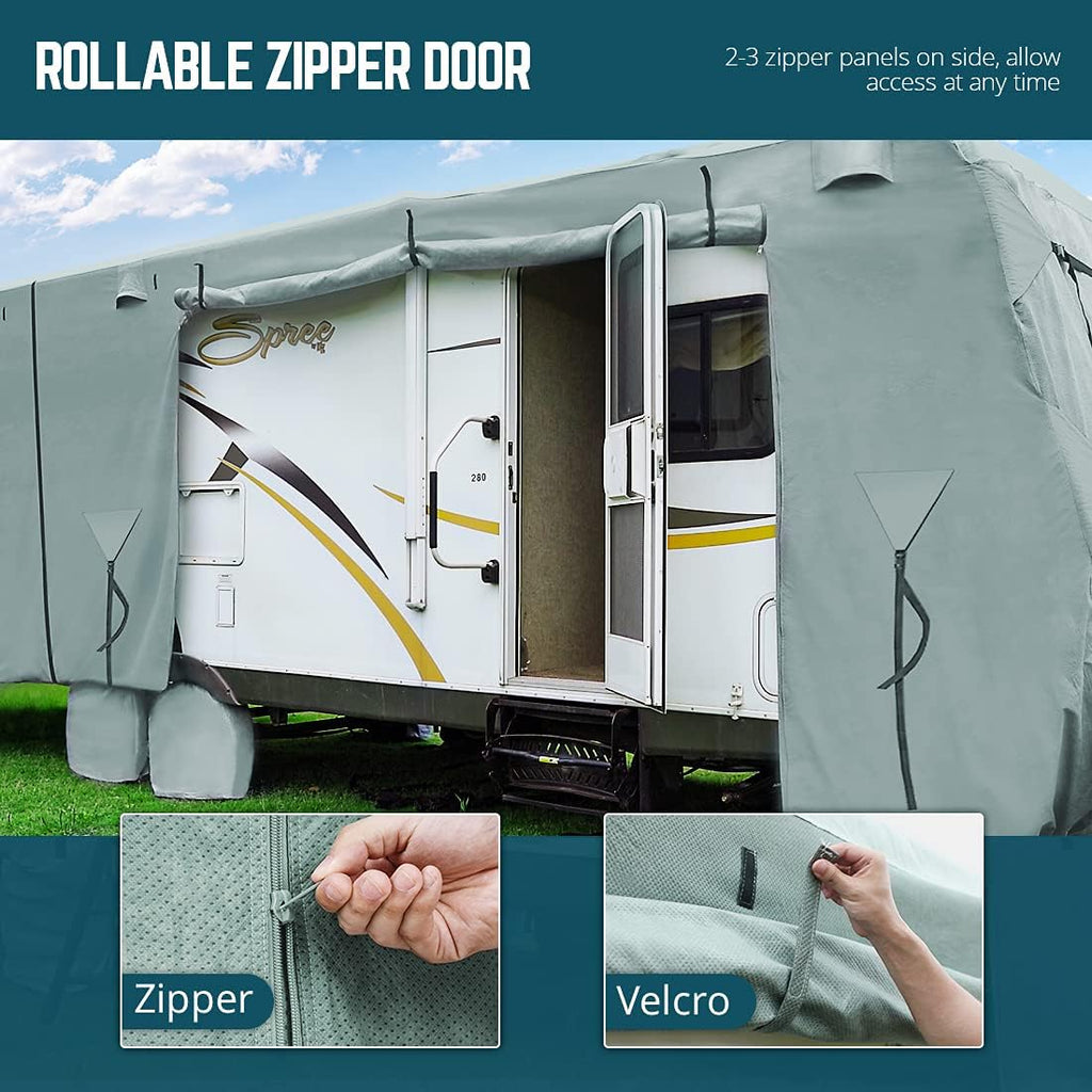 Extra-Thick 4 Layers Travel Trailer RV Cover with 2Pcs Extra Straps & 4 Tire Covers C540752