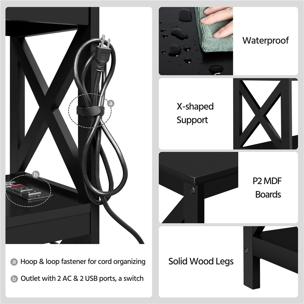 Black 3-Tier Wooden Console Table with Power Outlet F957