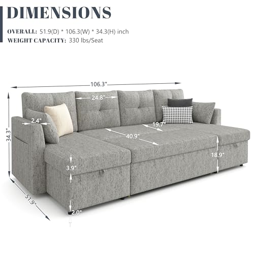 Oversized 110 inch 2 in 1 Pullout Sleeper Sofa Couch with Double Storage Chaise, Dark Grey V397313