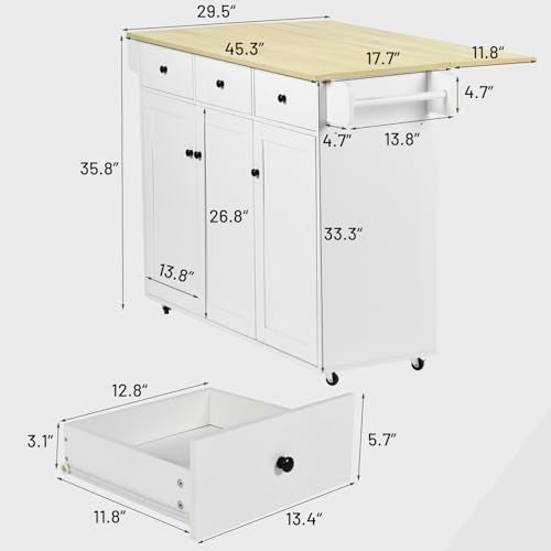 White Mobile Kitchen Island Cart with Drop Leaf W14895