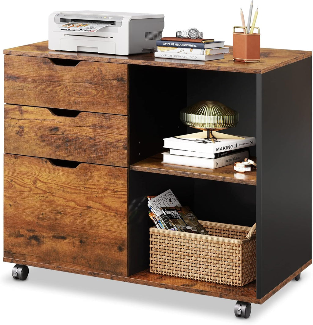 White 3-Drawer Mobile Wood File Cabinet with Open Storage Shelves V112