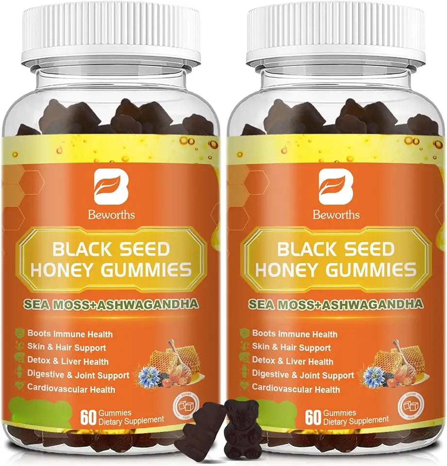 Black Seed Oil Sea Moss Gummies with Ashwagandha 120 Vegan Gummies T6873