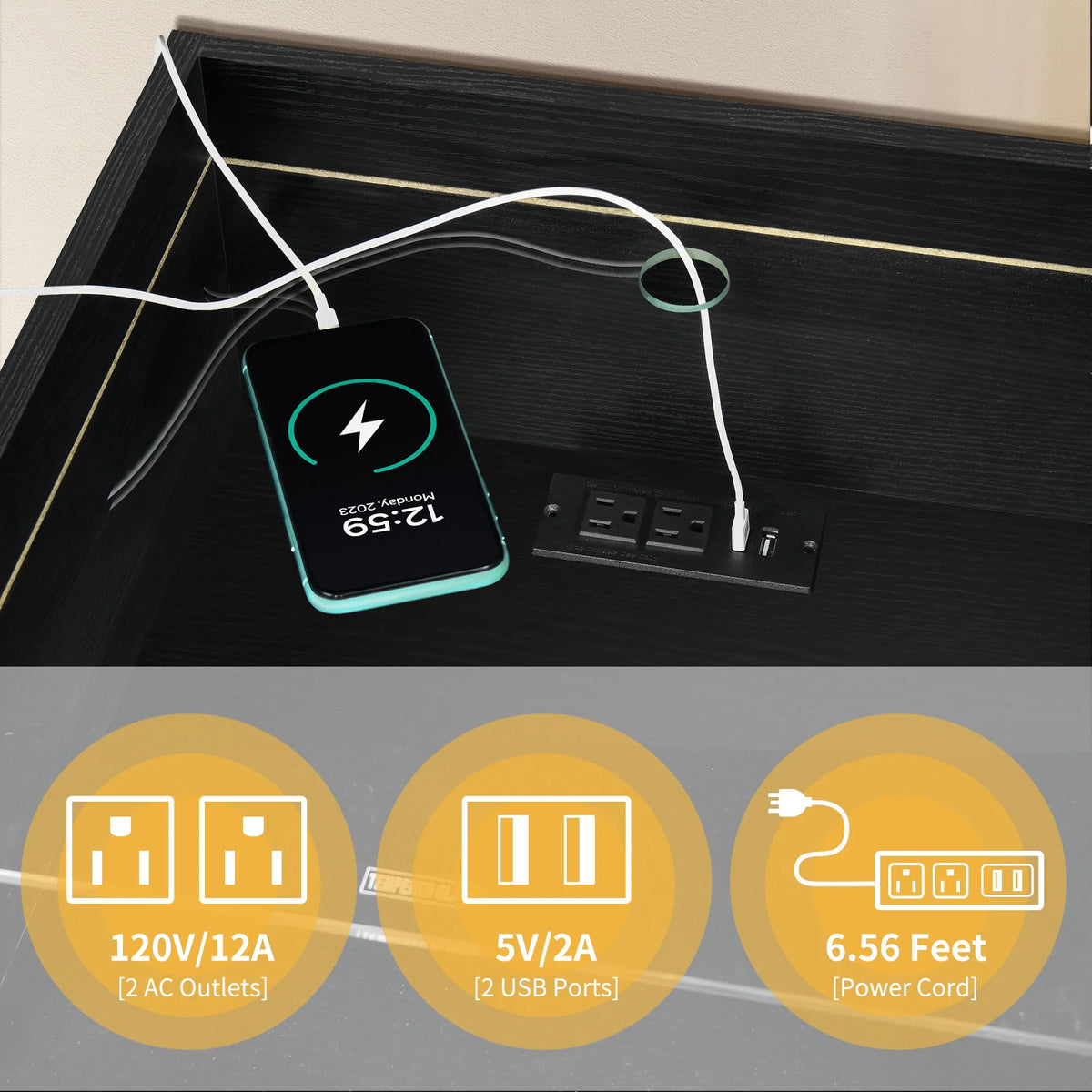 Black LED Nightstand with Charging Station B8570