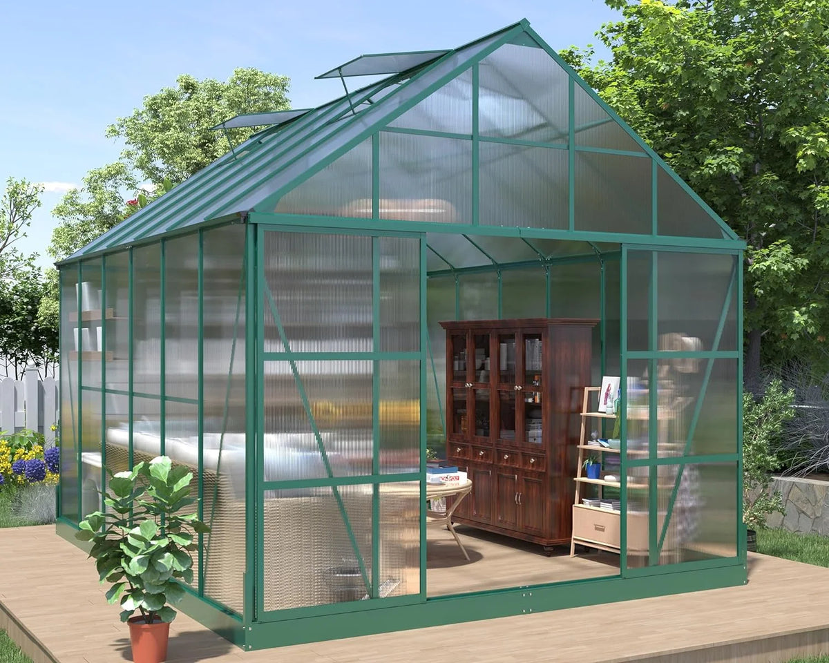 12x10x10 ft Polycarbonate Greenhouse with 2 Sliding Doors 4 Vents L821512