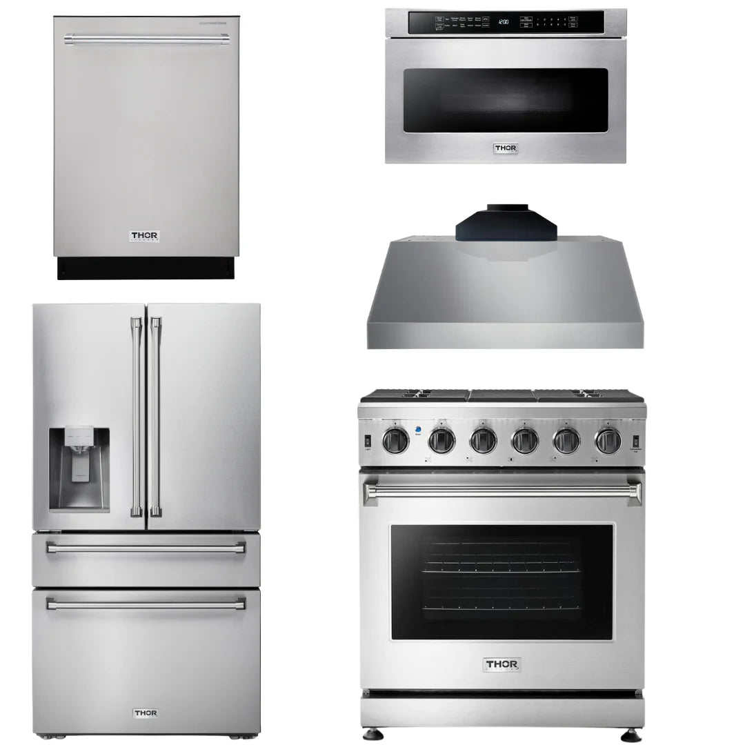 30 Propane Gas Range, Range Hood, Microwave, Refrigerator, Dishwasher Y971