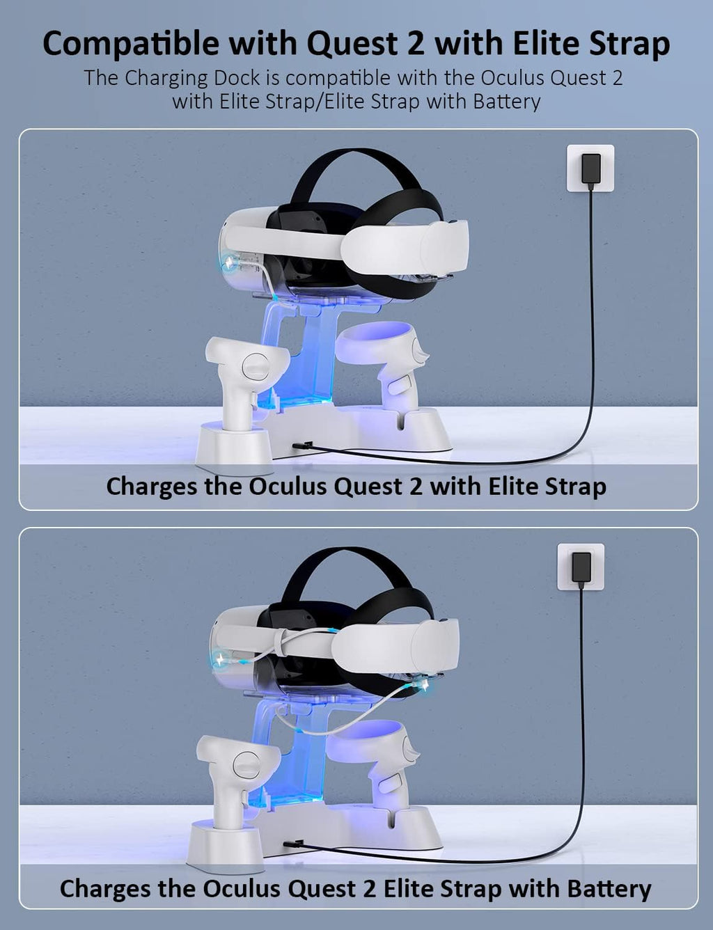 Enhanced Charging Dock with LED Light for Oculus Quest 2, Headset Display Holder and Controller Mount, 2 Rechargeable Batteries, USB-C Charger and Cable Pack of 2 P244879
