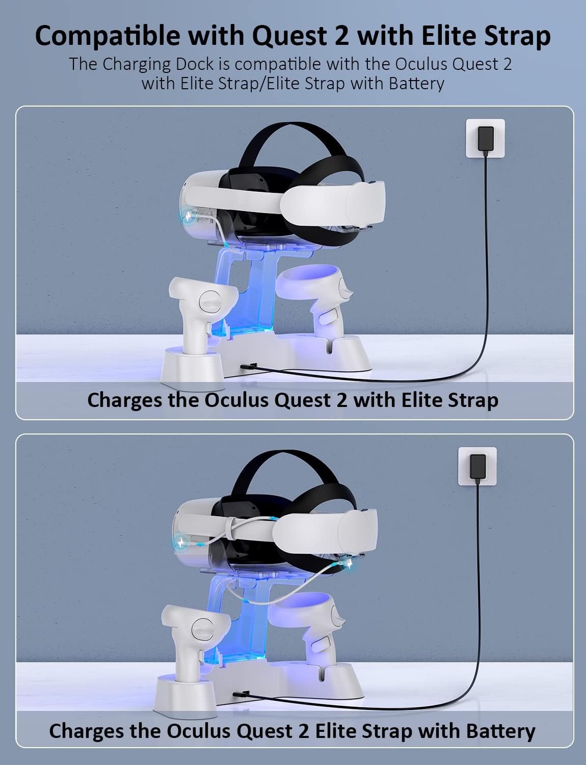 Enhanced Charging Dock with LED Light for Oculus Quest 2, Headset Display Holder and Controller Mount, 2 Rechargeable Batteries, USB-C Charger and Cable Pack of 2 P244879