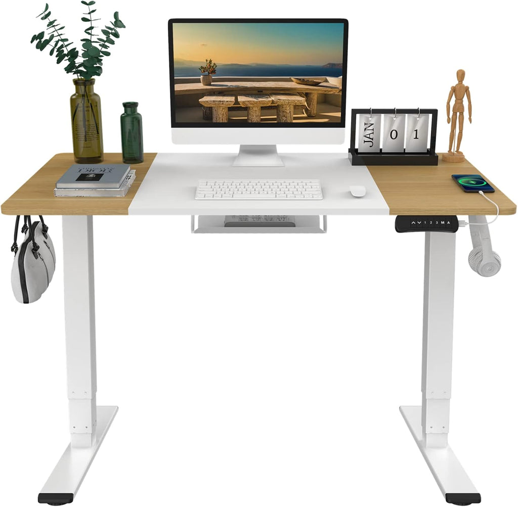 Electric Standing Desk 63"x30" Dual Motor 3 Stages Height Adjustable Desk with USB Charging Port and Hooks, Black Frame & Black/Greystone Top T7995