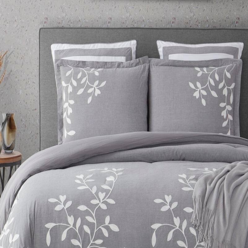 Queen Grey Chambray Cotton Comforter Set E524438