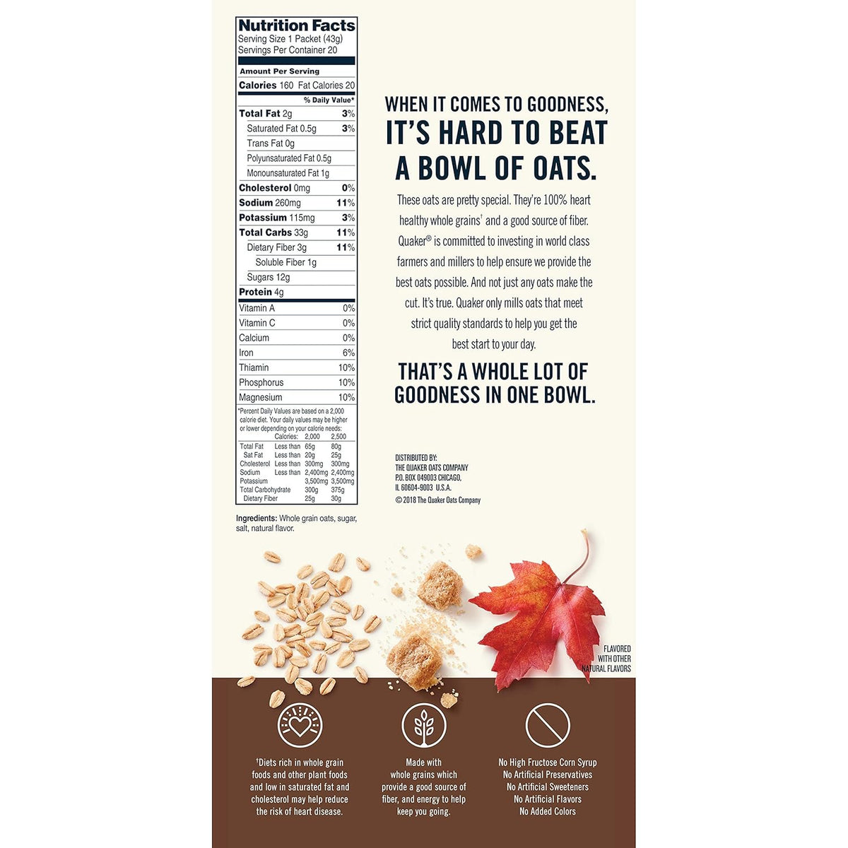 Maple & Brown Sugar Instant Oatmeal, 20 Count, 1.51 oz Packets R580846
