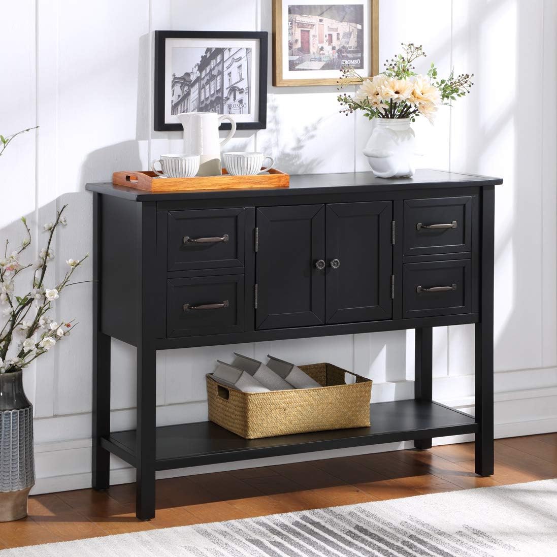 Solid Wood Console Table with 2 Storage Drawers and 1 Shelf, Black L705