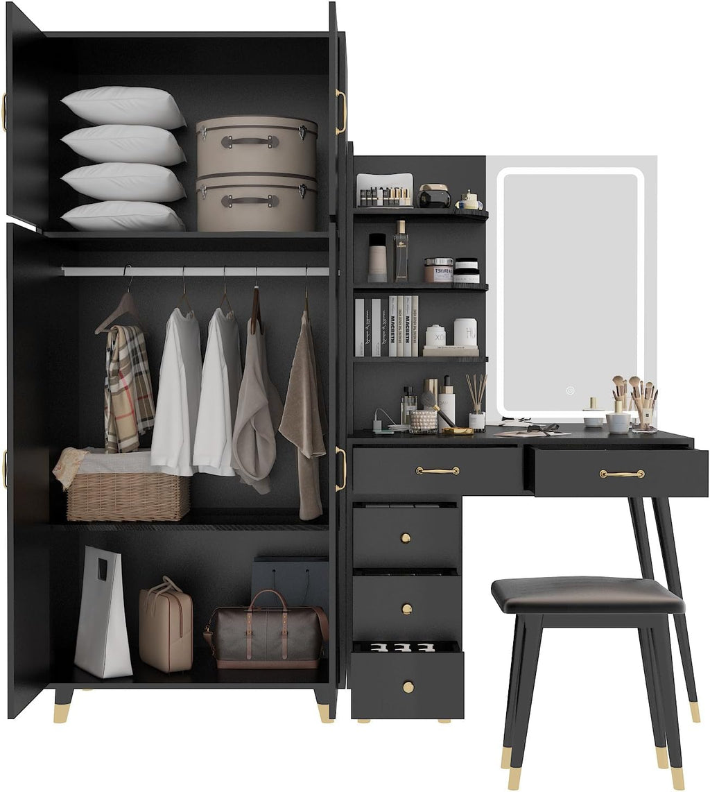 Black Makeup Vanity Table and Armoire Wardrobe Set with LED Mirror and 5 Drawers R2875