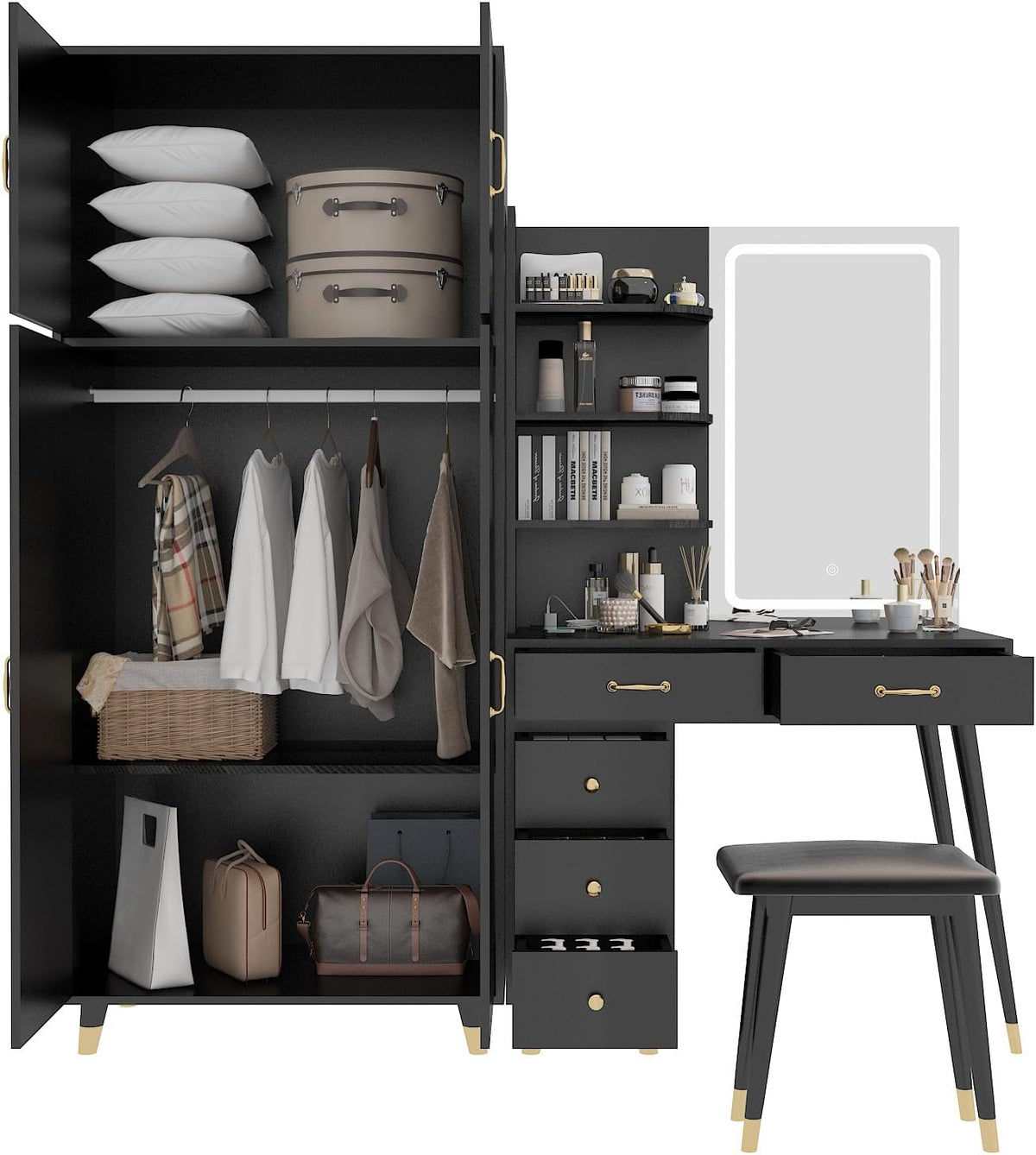 Black Makeup Vanity Table and Armoire Wardrobe Set with LED Mirror and 5 Drawers R2875