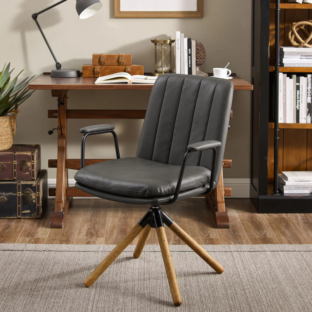 Gray Faux Leather Swivel Accent Chair with Oak Wood Legs S87634