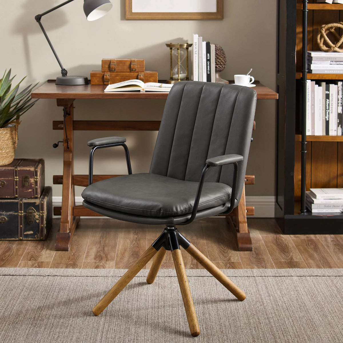 Gray Faux Leather Swivel Accent Chair with Oak Wood Legs S87634