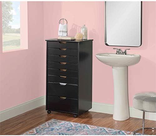 Black Eight Drawer Wood Rolling File Cabinet Storage Cart L889
