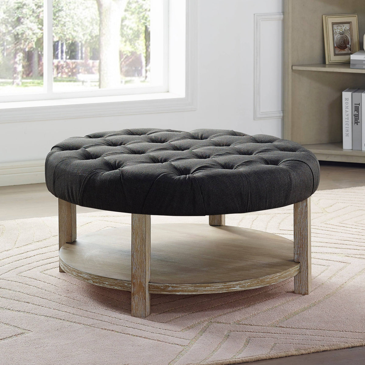 Dark Grey Round Button Tufted Ottoman Z267996