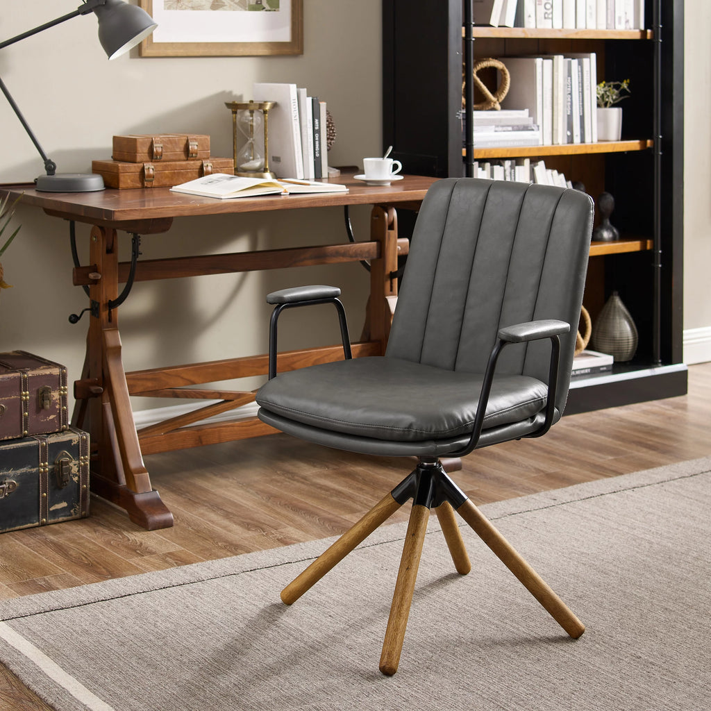 Gray Faux Leather Swivel Accent Chair with Oak Wood Legs S87634