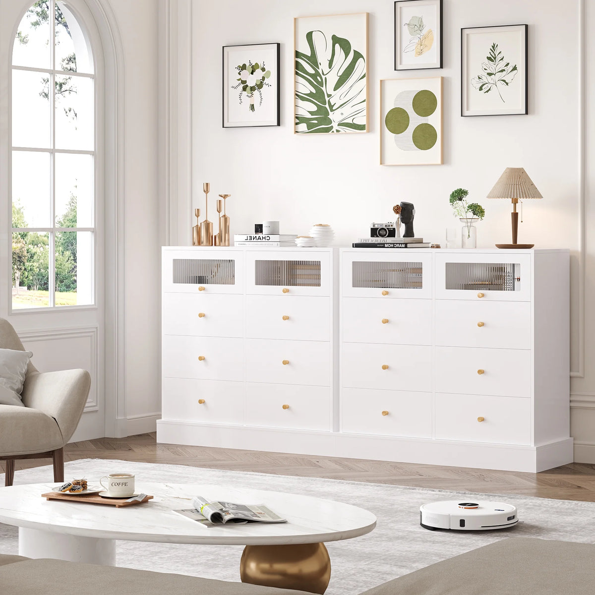 White 8 Drawer Wood Dresser with 2 Glass Doors U582
