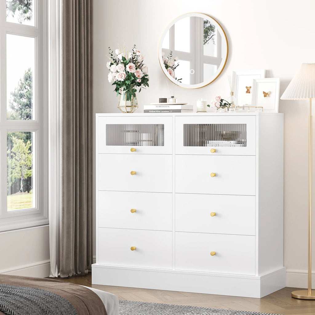 White 8 Drawer Wood Dresser with 2 Glass Doors U582