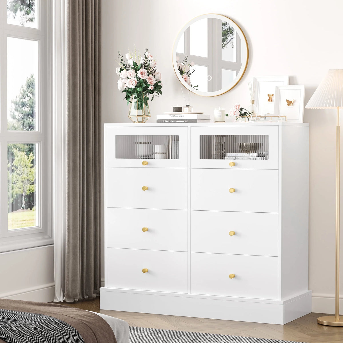 White 8 Drawer Wood Dresser with 2 Glass Doors U582