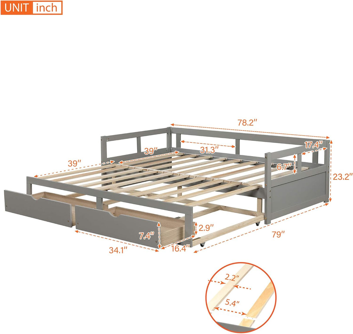 Grey Wooden Daybed with Trundle Bed and Two Storage Drawers N833686