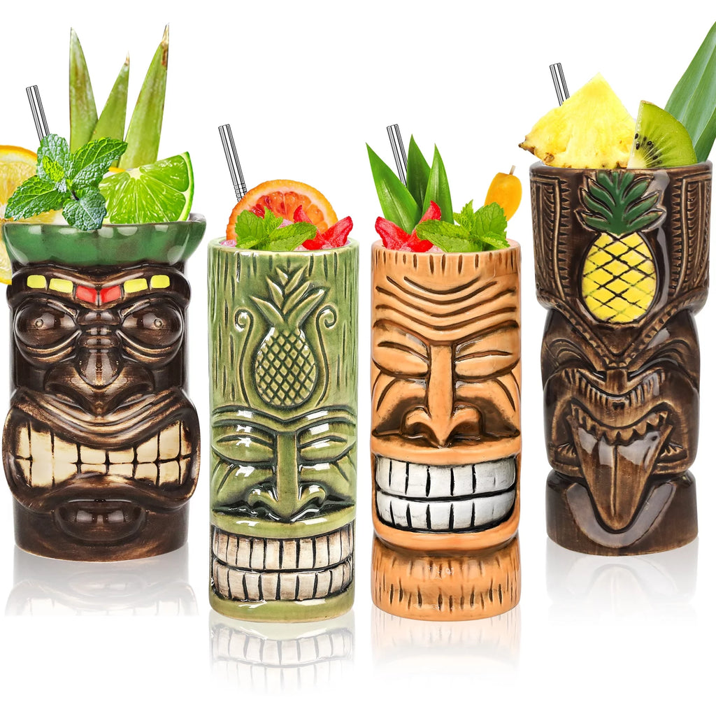 Set of 4 Ceramic Tiki Mugs T18037