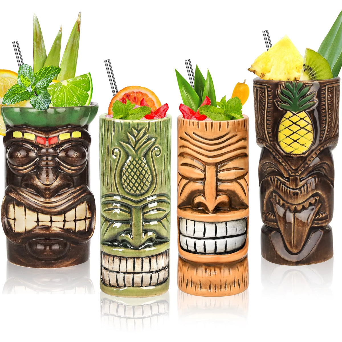Set of 4 Ceramic Tiki Mugs T18037