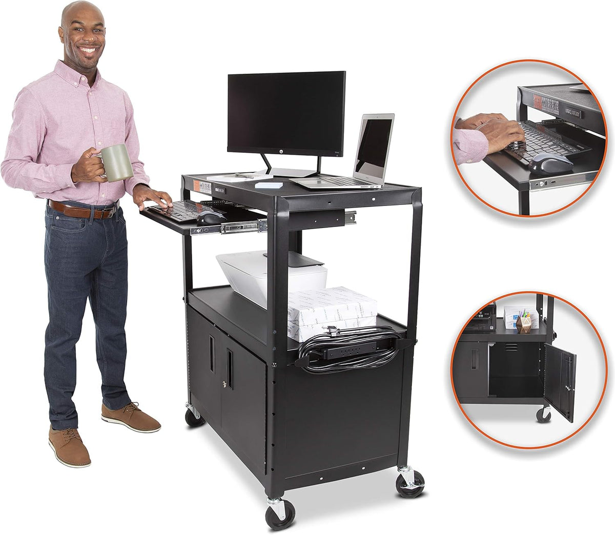 Black Extra Wide AV Cart with Locking Cabinet N286
