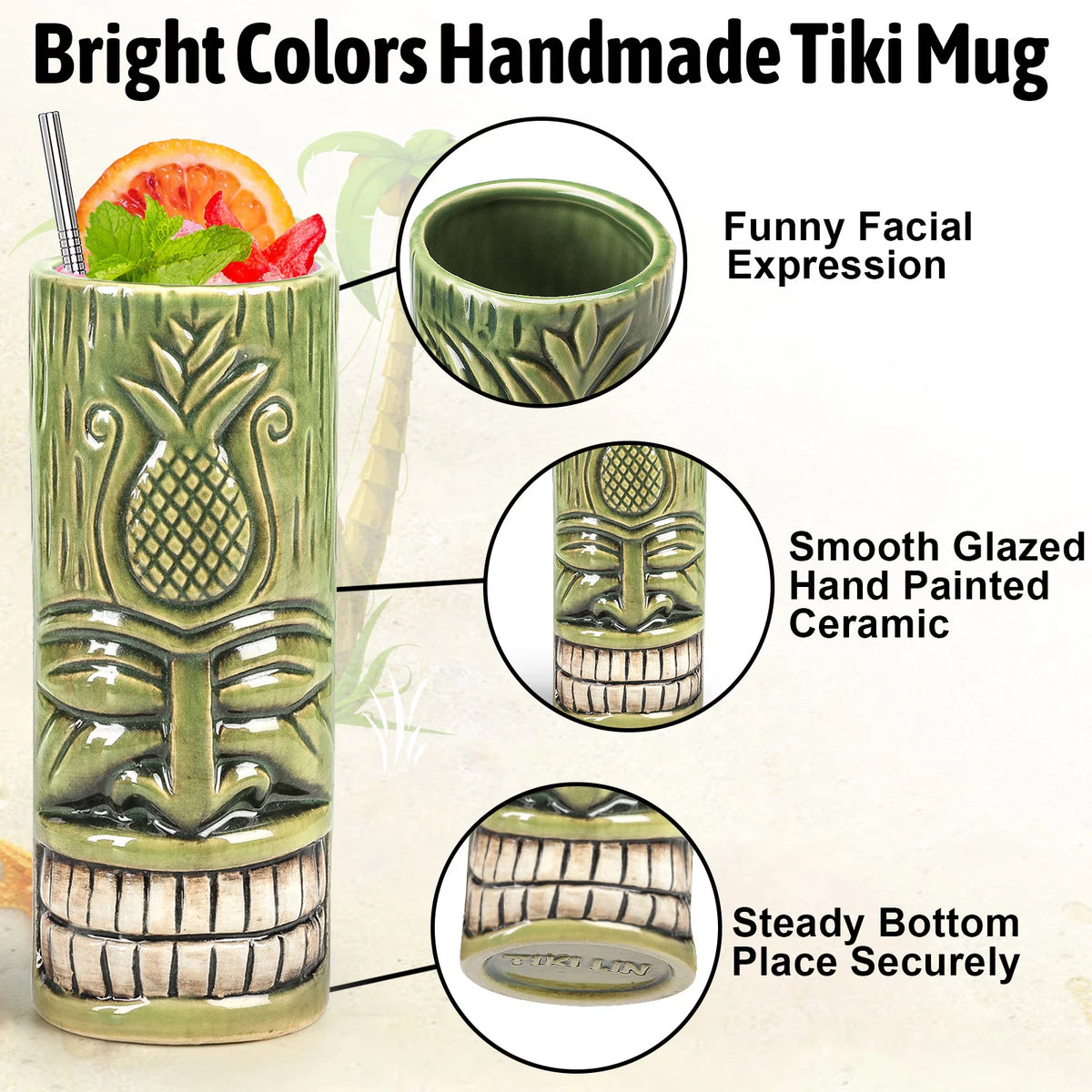 Set of 4 Ceramic Tiki Mugs T18037