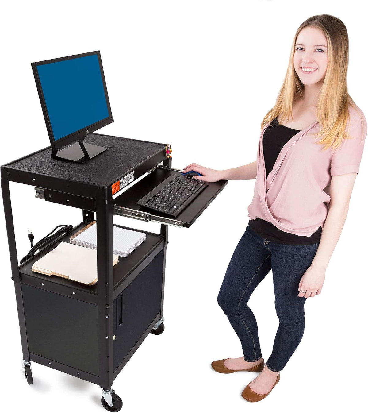 Black Extra Wide AV Cart with Locking Cabinet N286