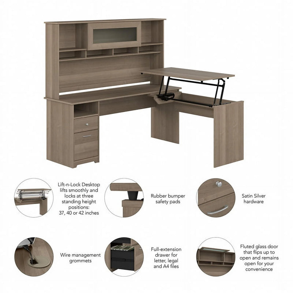 72W Sit to Stand L Desk with Hutch in Ash Gray Engineered Wood V61130