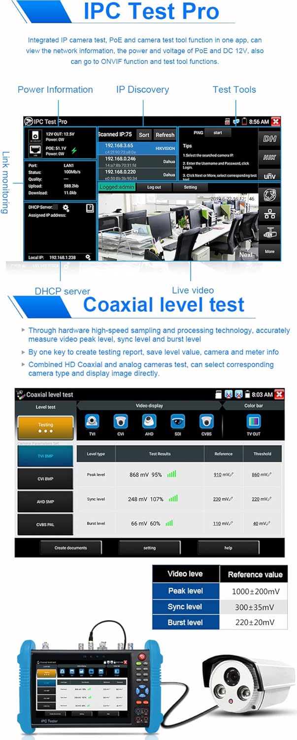 7'' IPS Touch Screen WiFi 4K H.265 HDMI 8MP CVI TVI AHD SDI CVBS Camera Tester O99048